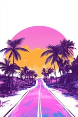 Naklejka premium Miami street scene, vibrant colors, Art Deco buildings, palm trees, sunny day, mid-century cars, lively atmosphere