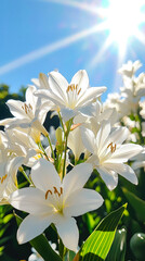 Fototapeta premium Clusters of stunning white flowers thrive in a garden, illuminated by radiant sunlight against a bright blue sky