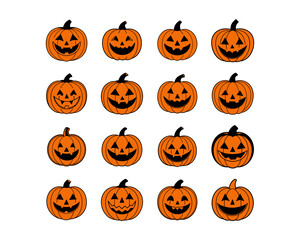 Halloween pumpkin face vector collection - funny jack-o-lantern expressions, cute, scary, beautiful Halloween icons and funny pumpkins for spooky autumn designs.