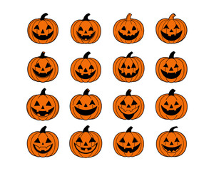 Halloween pumpkin face vector collection - funny jack-o-lantern expressions, cute, scary, beautiful Halloween icons and funny pumpkins for spooky autumn designs.