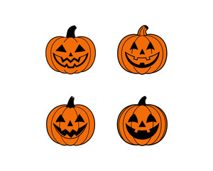 Halloween pumpkin face vector collection - funny jack-o-lantern expressions, cute, scary, beautiful Halloween icons and funny pumpkins for spooky autumn designs.