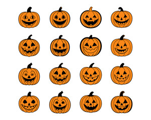 Halloween pumpkin face vector collection - funny jack-o-lantern expressions, cute, scary, beautiful Halloween icons and funny pumpkins for spooky autumn designs.