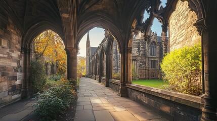 Panoramic view of Glasgow University Cloisters, showcasing gothic architecture and peaceful setting 