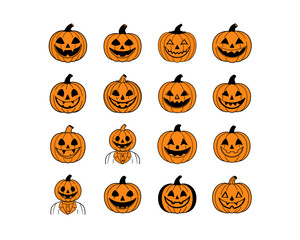 Halloween pumpkin face vector collection - funny jack-o-lantern expressions, cute, scary, beautiful Halloween icons and funny pumpkins for spooky autumn designs.