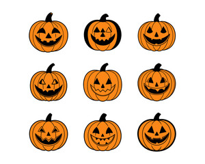 Halloween pumpkin face vector collection - funny jack-o-lantern expressions, cute, scary, beautiful Halloween icons and funny pumpkins for spooky autumn designs.