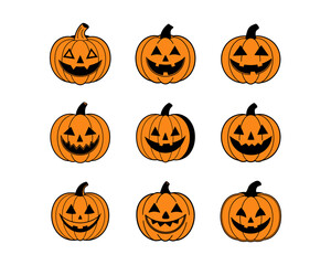 Halloween pumpkin face vector collection - funny jack-o-lantern expressions, cute, scary, beautiful Halloween icons and funny pumpkins for spooky autumn designs.