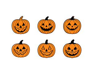 Halloween pumpkin face vector collection - funny jack-o-lantern expressions, cute, scary, beautiful Halloween icons and funny pumpkins for spooky autumn designs.