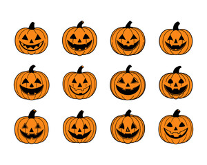 Halloween pumpkin face vector collection - funny jack-o-lantern expressions, cute, scary, beautiful Halloween icons and funny pumpkins for spooky autumn designs.