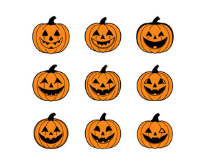 Halloween Pumpkin Vector Set - Pumpkin Patch, Spooky, Pumpkin Clipart, Scary, Cute Jack-o'-Lantern Faces for Halloween, Party Decorations and Autumn Designs.