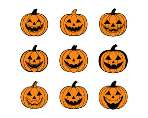 Halloween Pumpkin Faces Vector Set – Scary, Funny & Cute Jack-o'-Lantern Icons, Clipart Icons, Carving Stencils,Illustrations, Autumn Decor & Party Design.
