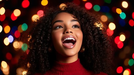 Young woman with curly hair looks upward and opens her mouth with colorful bokeh lights in background.