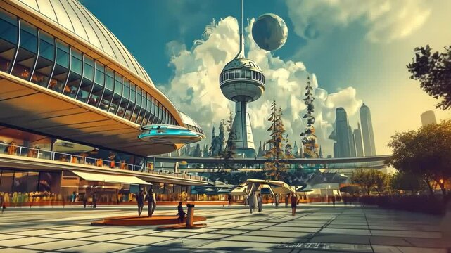 Retrofuturistic landscape in mid-century sci-fi style. Retro science fiction scene with futuristic city buildings