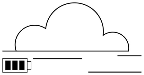 Cloud shape paired with a battery graphic symbolizes concepts of cloud storage, renewable energy, and efficiency. Ideal for technology, energy, environment, innovation, sustainability, digital tools