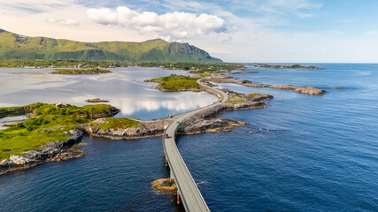 Breathtaking views of Norways coastal bridge connecting stunning islands and serene waters