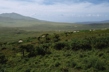 Fototapeta premium Scenic View of Ngorongoro Crater Highlands Landscape and Masai Huts