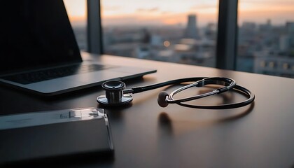 Medical office scene with laptop and stethoscope