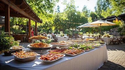 Outdoor catering setup at special event, tables, buffet, food, celebration, party, festive dining 
