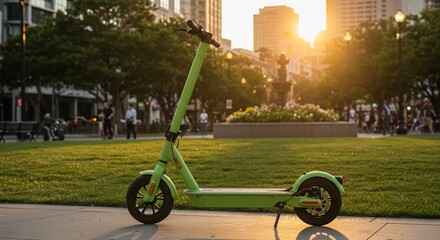 Green scooter in city park sunset