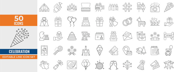 Celebration Line Icon Set – Editable Stroke Vector Illustrations of Party, Birthday, New Year, Dancing, Fireworks, Cheers, Gifts, Invitations, and Wedding Symbols