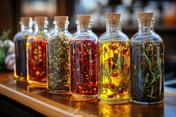 spice-infused oils, including garlic oil, chili oil, and herb-infused olive oil, displayed in glass bottles