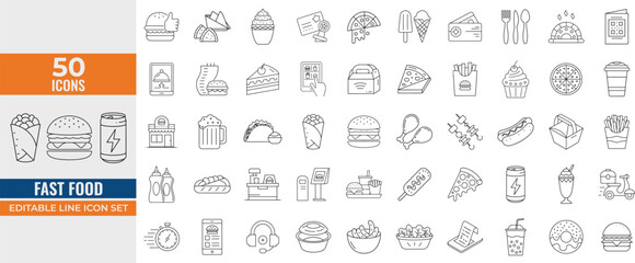 Fast Food Line Icons Set – Editable Vector Illustrations of Restaurant Menu Items Including Burger, Pizza, Hot Dog, Fries, Donut, Ice Cream, Coffee, Beer, and More