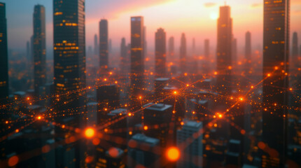 Dynamic digital visualization of Earth at night, showcasing bright city lights connected by glowing network lines. Global connectivity and communication concept