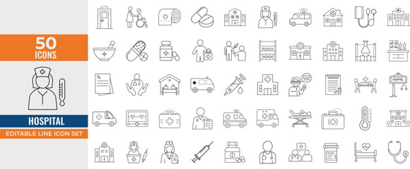 Hospital Icon Set – Medicine, Healthcare, Doctor, Nurse, Ambulance, Treatment, Pills, Clinic, Pharmacy – Editable Stroke Line Vector Illustration