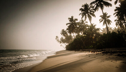 Fototapeta premium tropical beach with palm trees background with copy space. Generated Image