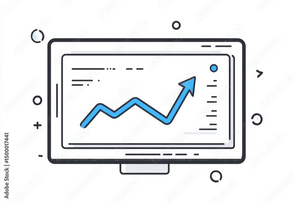 Poster a business data dashboard showing an upward-trending graph with a blue arrow on a white background