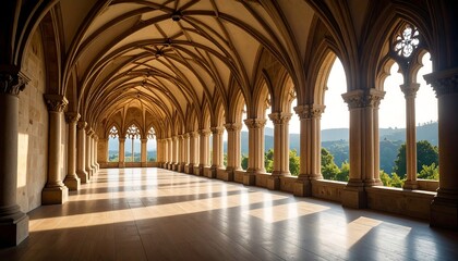 Monastery cloister with sunlit arches, and view.