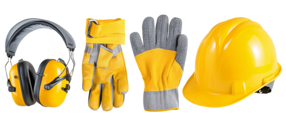 Safety Gear Essentials: A comprehensive assortment of essential safety gear, designed to safeguard workers across various industries. featuring a vivid collection of ear protection, protective gloves.