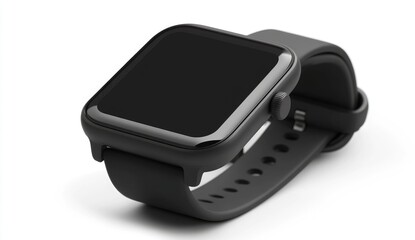 Gray smart watch, angled view.  Dark screen.  Silcone band.  Simple design