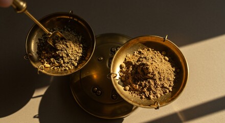 Herbal weights measuring balance in golden scales