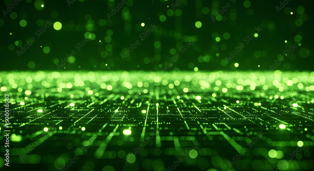 Aufkleber abstract green digital network glowing circuit board with falling particles, futuristic technology b