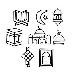 collection of mosque elements vector line art hand drawn illustration 