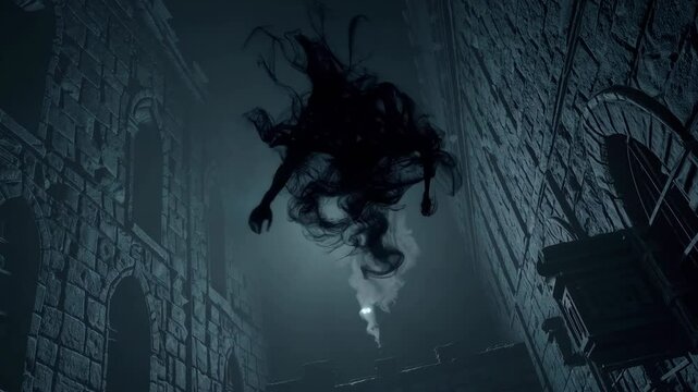 Shadow Demon with Twisting Smoke Form Flying in Haunted Castle Surrounded by Gothic Ruins

