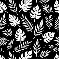 Black Seamless Vector Pattern of Stylized Tropical Leaves