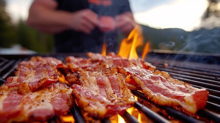 Bacon sizzles on a grill with flames while a man prepares more meat in the background outdoors.