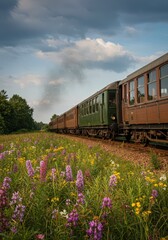Obraz premium Old train riding on railway tracks through a vibrant field of colorful wildflowers under a cloudy sky. Vintage travel and nature journey concept.