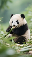 Adorable baby panda munching bamboo with a soft blur background for a gentle, heartwarming feel. Ideal for wildlife wallpaper, children’s books, social media, and nature-themed designs.

