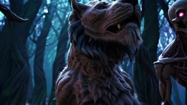 Manticore and Wendigo Creatures in Shadowy Forest with Glowing Red Eyes and Cyclops in the Background

