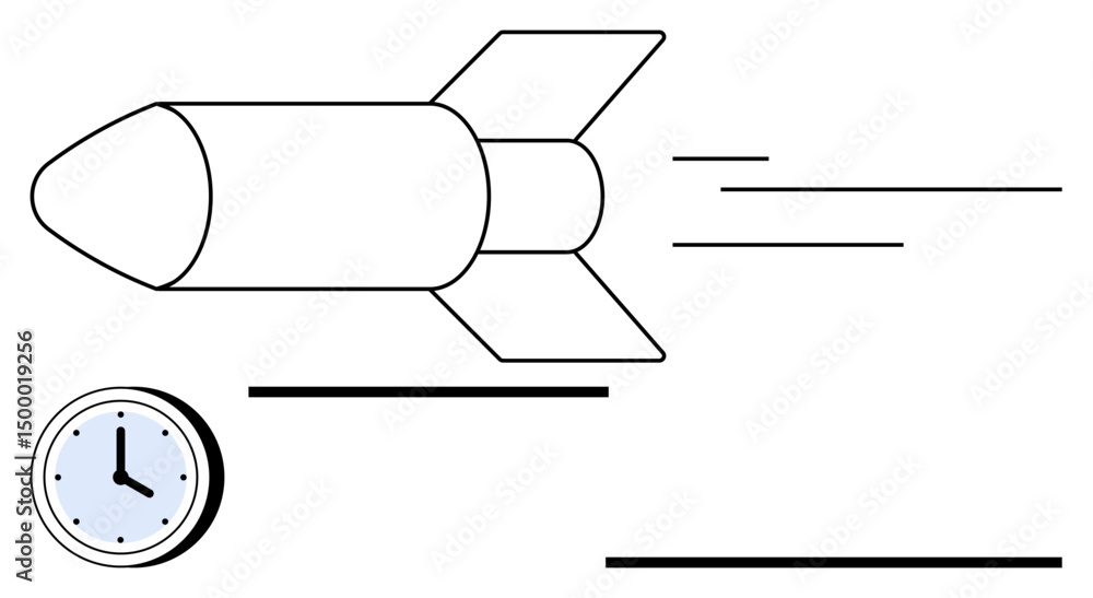 Poster rocket flying forward with dynamic motion lines and clock representing time management. ideal for in