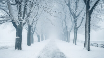 Obraz premium A monochromatic photograph of a snow-covered avenue with trees fading into a misty horizon. Ideal for websites/blogs on winter, weather, solitude, nature, or seasonal themes.