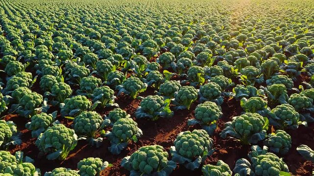 Campo de br&oacute;coli bajo la luz del sol, hileras verdes saludables y suelo f&eacute;rtil, video

