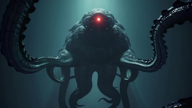 Gigantic Kraken Monster with Glowing Eye Emerging from Deep Ocean Shadows

