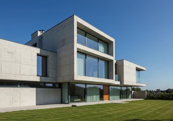 Modern style concrete building with large window. Contemporary architecture house with green garden. Abstract residential or office property.