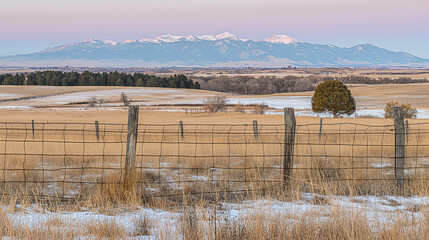 A panoramic view of a snowy plain with distant mountains under a pastel sky. Use for landscape, travel, or nature-related content