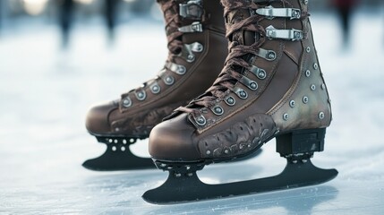 Close-up of  brown ice skates on a frozen surface.