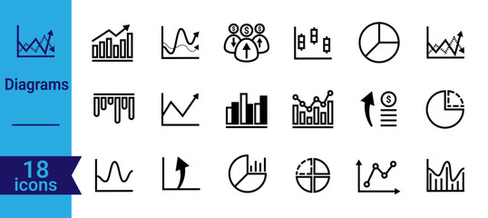 Analytics & Diagram Icon Set. Outline icons for charts, graphs, and data visualization. Ideal for business dashboards, presentations, and financial reports.