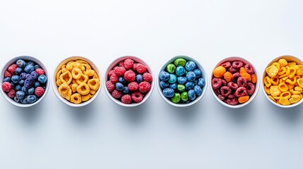 Bowls display assorted cereals and fruits on a white surface, creating a colorful and healthy arrangement.